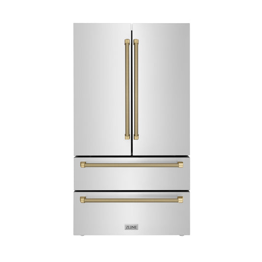 ZLINE 36 in. French Door Refrigerator 22.5 cu. ft. Counter-Depth Fingerprint-Resistant Stainless Steel Ice Maker Champagne Bronze Helix Handles (RFMZ-36-KCB)