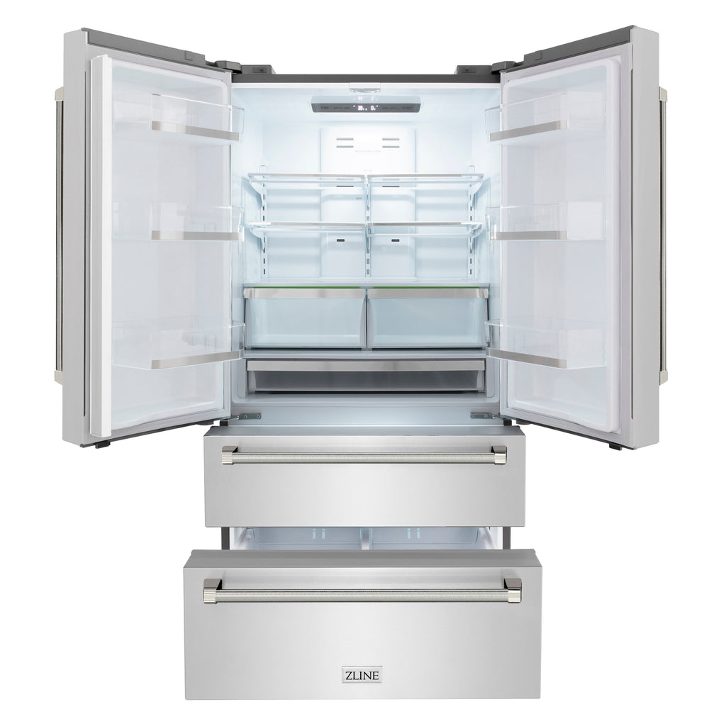ZLINE 36 in. Counter-Depth French Door Refrigerator 22.5 cu. ft. Fingerprint-Resistant Stainless Steel, Ice Maker, Polished Nickel Helix Handles (RFMZ-36-KPN)