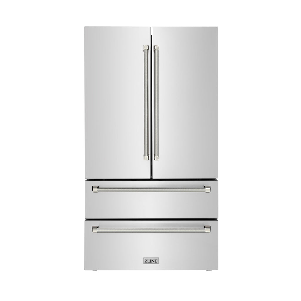 ZLINE 36 in. Counter-Depth French Door Refrigerator 22.5 cu. ft. Fingerprint-Resistant Stainless Steel, Ice Maker, Polished Nickel Helix Handles (RFMZ-36-KPN)