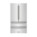 ZLINE 36 in. Counter-Depth French Door Refrigerator 22.5 cu. ft. Fingerprint-Resistant Stainless Steel, Ice Maker, Polished Nickel Helix Handles (RFMZ-36-KPN)