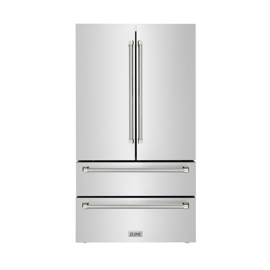 ZLINE 36 in. Counter-Depth French Door Refrigerator 22.5 cu. ft. Fingerprint-Resistant Stainless Steel, Ice Maker, Polished Nickel Helix Handles (RFMZ-36-KPN)