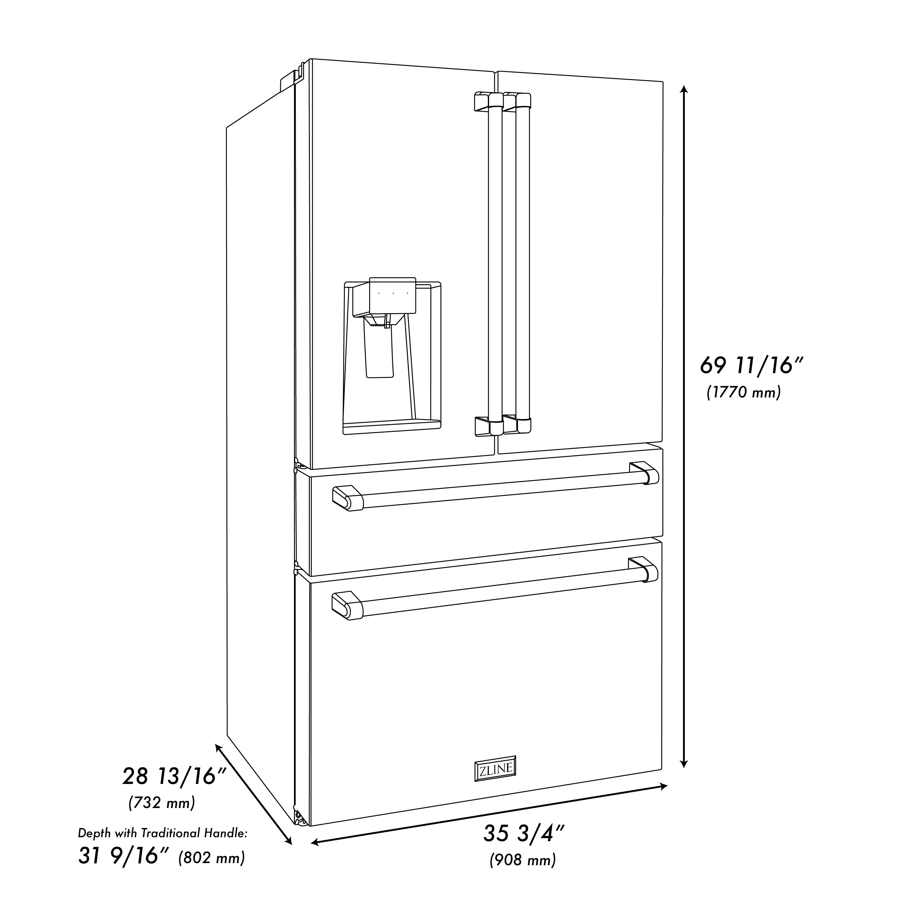 ZLINE 36 in. Counter-Depth French Door Refrigerator 21.6 cu. ft. Water and Ice Dispenser Fingerprint-Resistant Stainless Steel Champagne Bronze Helix Handles (RFMZ-W-36-KCB)