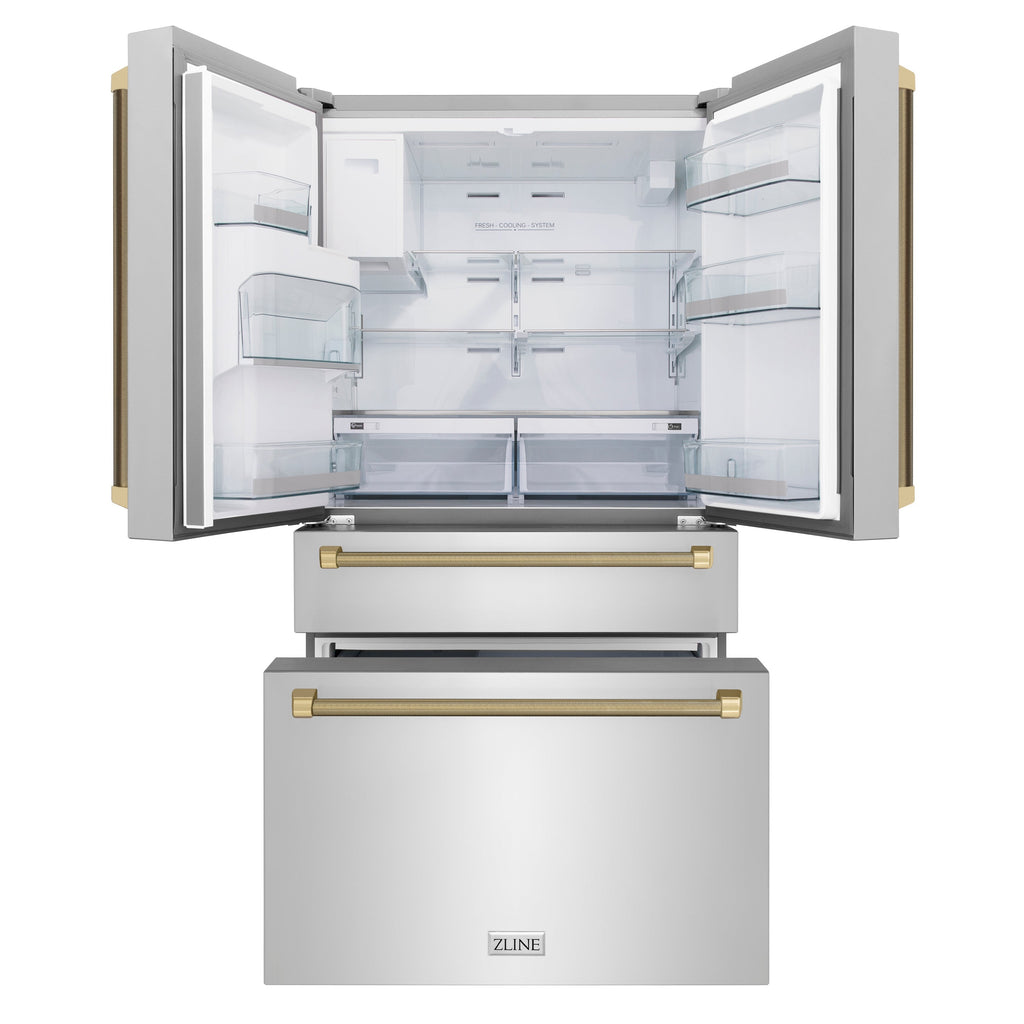 ZLINE 36 in. Counter-Depth French Door Refrigerator 21.6 cu. ft. Water and Ice Dispenser Fingerprint-Resistant Stainless Steel Champagne Bronze Helix Handles (RFMZ-W-36-KCB)