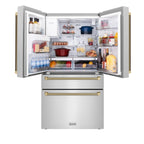ZLINE 36 in. Counter-Depth French Door Refrigerator 21.6 cu. ft. Water and Ice Dispenser Fingerprint-Resistant Stainless Steel Champagne Bronze Helix Handles (RFMZ-W-36-KCB)