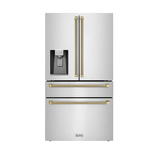 ZLINE 36 in. Counter-Depth French Door Refrigerator 21.6 cu. ft. Water and Ice Dispenser Fingerprint-Resistant Stainless Steel Champagne Bronze Helix Handles (RFMZ-W-36-KCB)