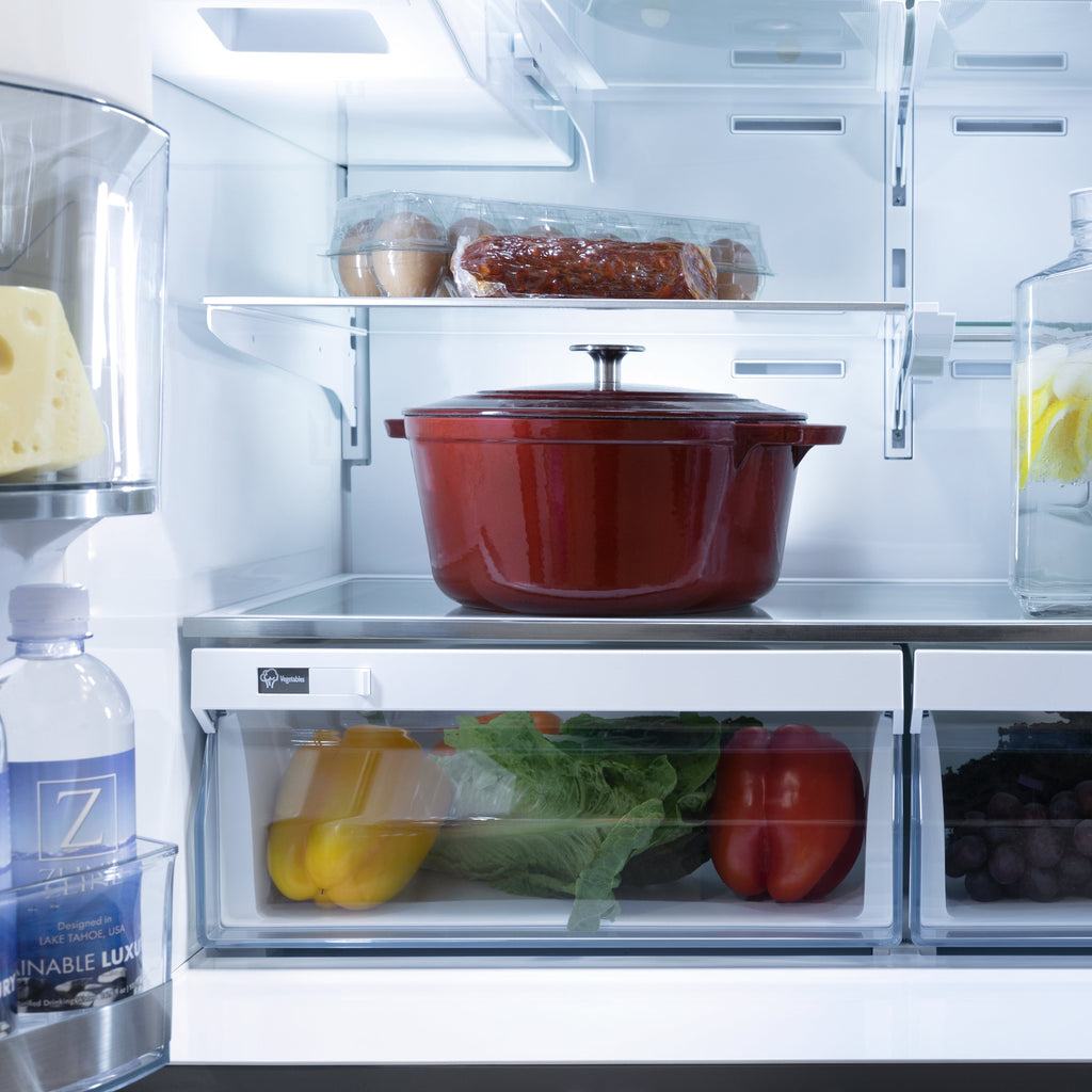 ZLINE 36 in. Counter-Depth French Door Refrigerator 21.6 cu. ft. Water and Ice Dispenser Fingerprint-Resistant Stainless Steel Polished Gold Helix Handles (RFMZ-W-36-KG)