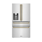 ZLINE 36 in. Counter-Depth French Door Refrigerator 21.6 cu. ft. Water and Ice Dispenser Fingerprint-Resistant Stainless Steel Polished Gold Helix Handles (RFMZ-W-36-KG)