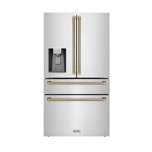 ZLINE 36 in. Counter-Depth French Door Refrigerator 21.6 cu. ft. Water and Ice Dispenser Fingerprint-Resistant Stainless Steel Polished Gold Helix Handles (RFMZ-W-36-KG)
