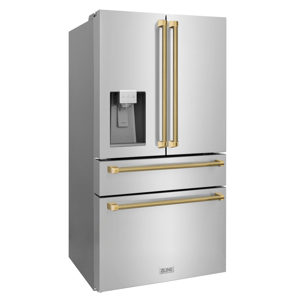 ZLINE 36 in. Counter-Depth French Door Refrigerator 21.6 cu. ft. Water and Ice Dispenser Fingerprint-Resistant Stainless Steel Polished Gold Helix Handles (RFMZ-W-36-KG)