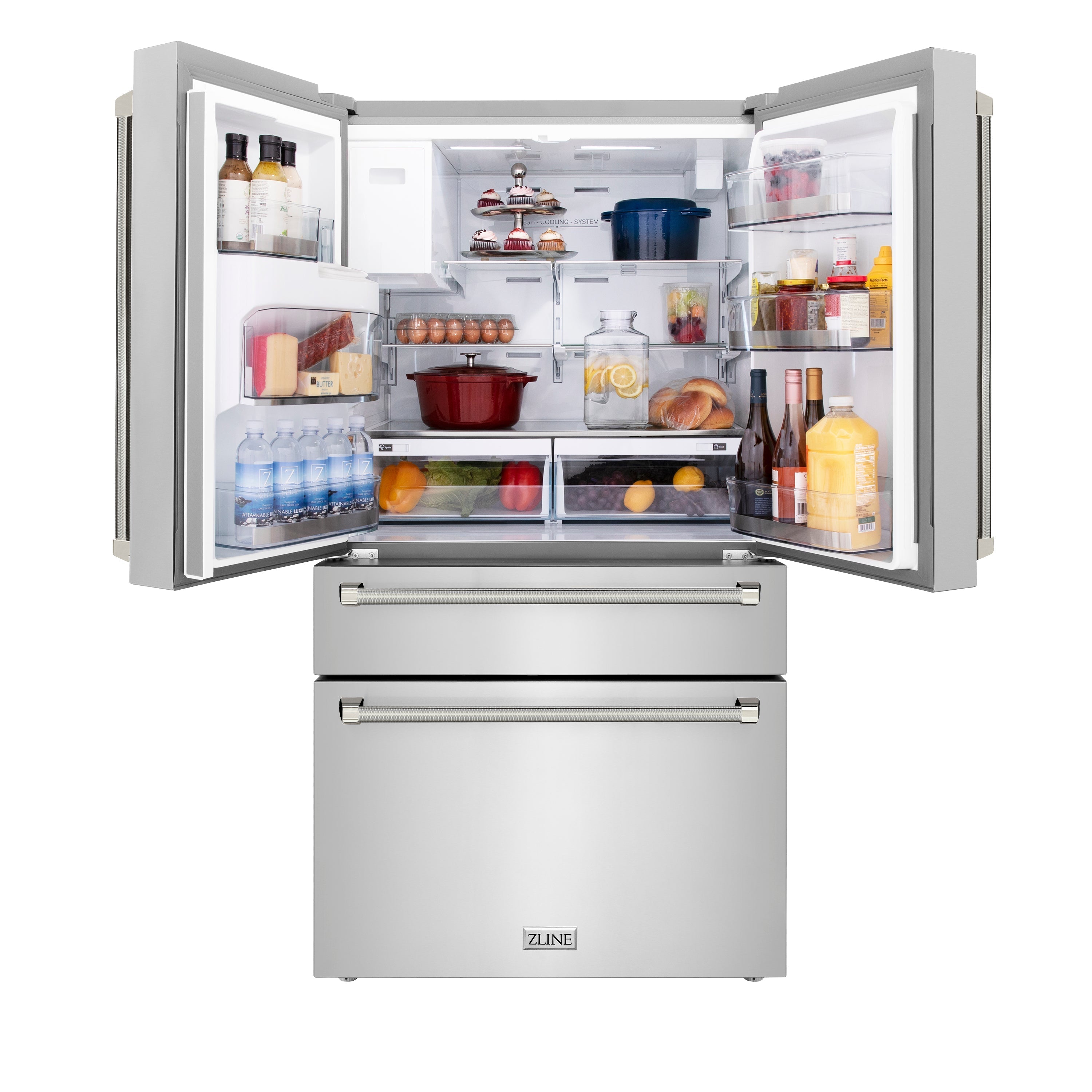 ZLINE 36 in. Counter-Depth French Door Refrigerator 21.6 cu. ft. with Water Dispenser, Ice Maker, Fingerprint-Resistant Stainless Steel, Polished Nickel Helix Handles (RFMZ-W-36-KPN)