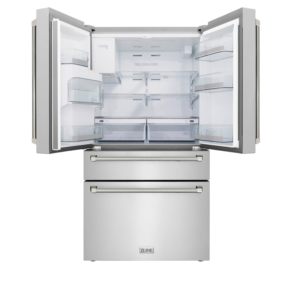 ZLINE 36 in. Counter-Depth French Door Refrigerator 21.6 cu. ft. with Water Dispenser, Ice Maker, Fingerprint-Resistant Stainless Steel, Polished Nickel Helix Handles (RFMZ-W-36-KPN)