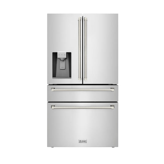 ZLINE 36 in. Counter-Depth French Door Refrigerator 21.6 cu. ft. with Water Dispenser, Ice Maker, Fingerprint-Resistant Stainless Steel, Polished Nickel Helix Handles (RFMZ-W-36-KPN)