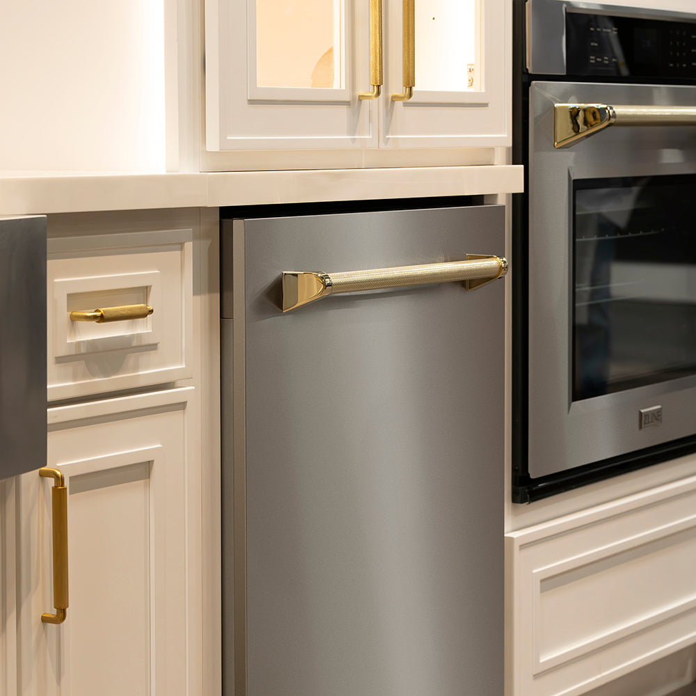 ZLINE Autograph 24" Monument Series 3rd Rack Top Touch Control Tall Tub Dishwasher in Stainless Steel with Polished Gold Helix Handle, 45dBa, DWMTZ-30424-KG