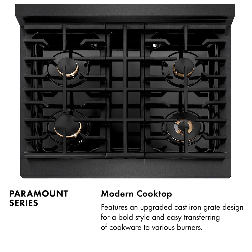 ZLINE 30 in. Dual Fuel Range 4.2 cu. ft. 4 Burner Gas Cooktop Convection Oven Black Satin Stainless Steel Champagne Bronze Accents (SDRBSZ-30-CB)