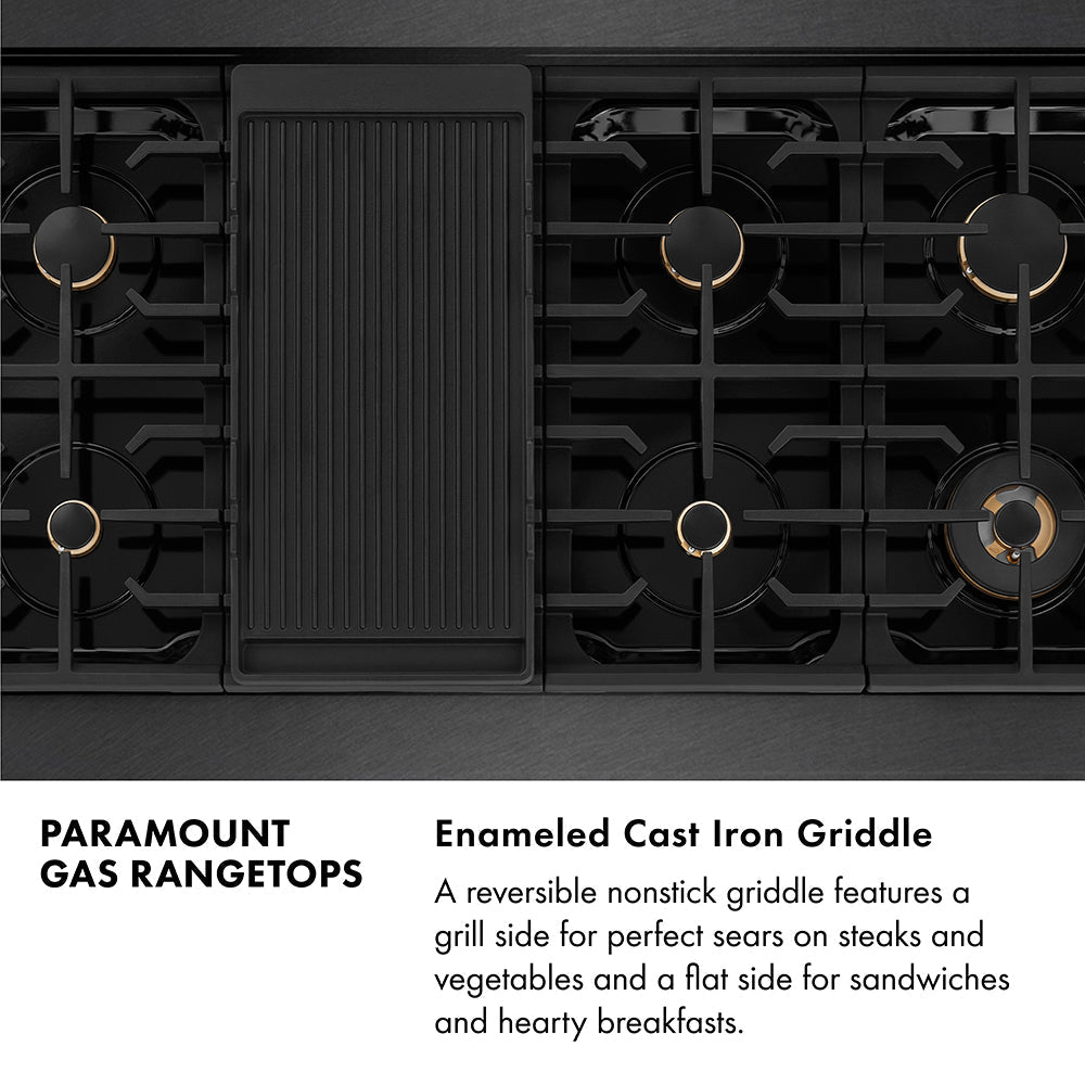 ZLINE Autograph 48" Paramount Gas Rangetop with 8 Burners and Porcelain Cooktop in Black Satin with Gold Accents, SRTBSZ-48-G