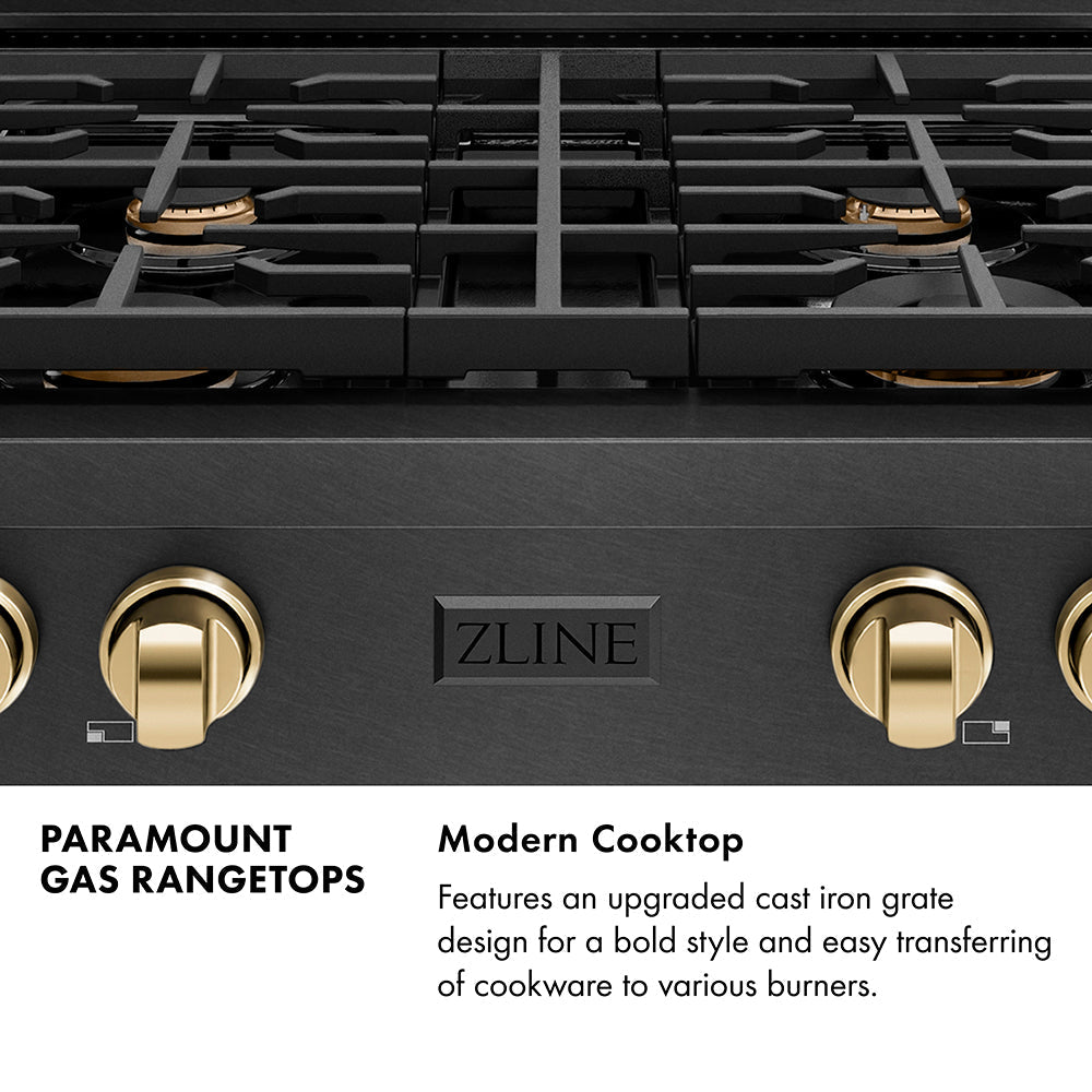 ZLINE Autograph 30" Paramount Gas Rangetop with 4 Burners and Porcelain Cooktop in Black Satin with Polished Gold Accents, SRTBSZ-30-G