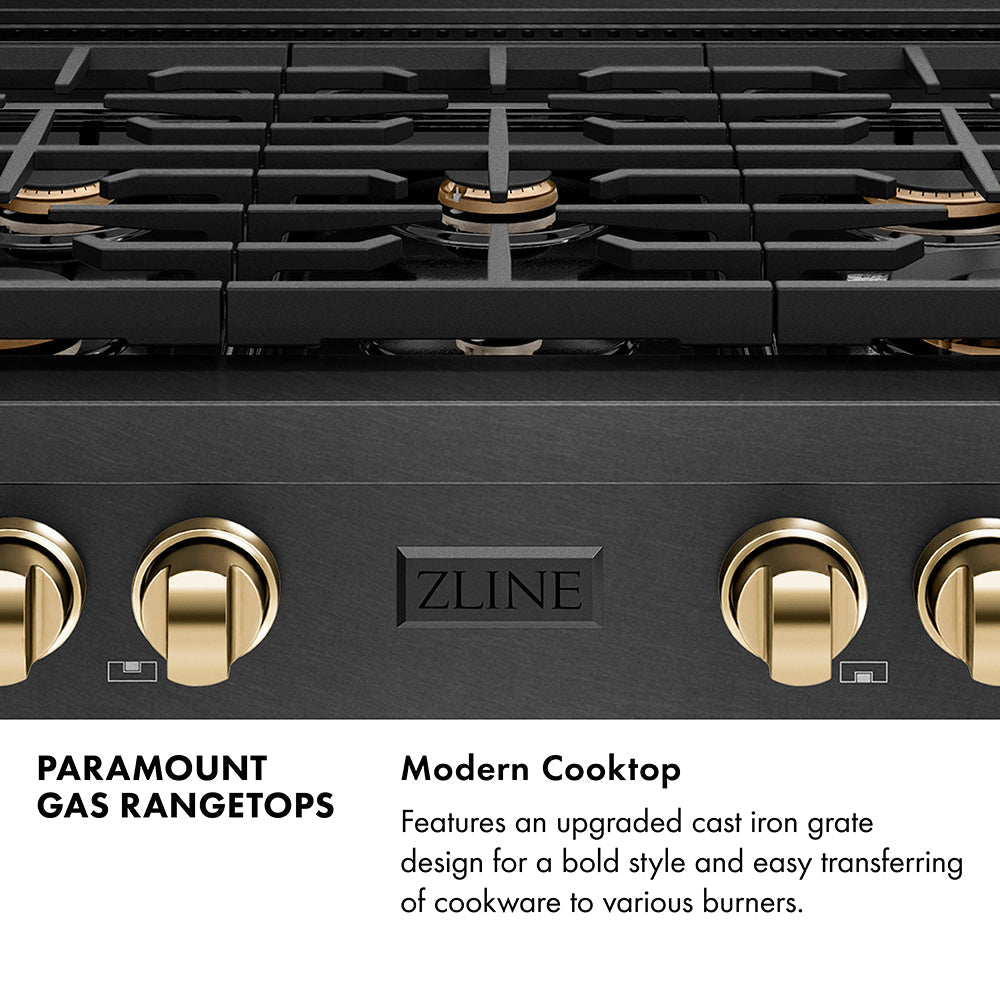 ZLINE Designer 36" Paramount Gas Rangetop with 6 Burners in Black Satin with Matte Black and Champagne Accents, SRTBSZ-36-MBCB