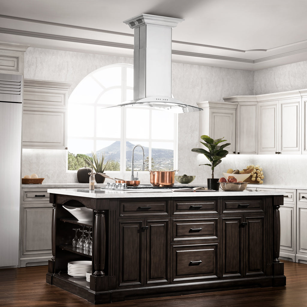 ZLINE 36 in Island Mount Range Hood 400 CFM Stainless Steel CrownSound Bluetooth Speakers (GL9iCRN-BT-36)