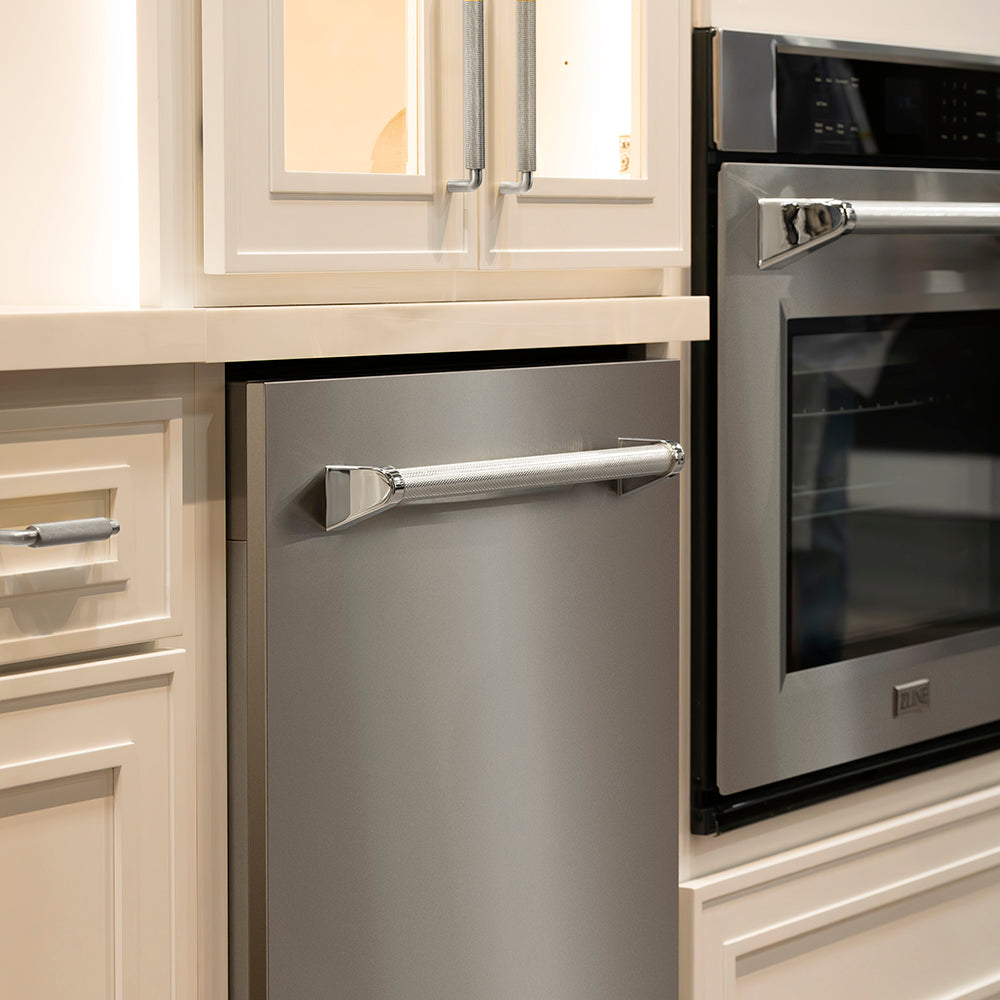 ZLINE Autograph 24" Monument Series 3rd Rack Top Touch Control Tall Tub Dishwasher in Stainless Steel with Polished Nickel Helix Handle, 45dBa, DWMTZ-30424-KPN