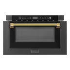 ZLINE Autograph 24" 1.2 cu. ft. Built-in Microwave Drawer in Black Stainless Steel and Polished Gold Helix Handle, MWDZ-1-BS-H-KG