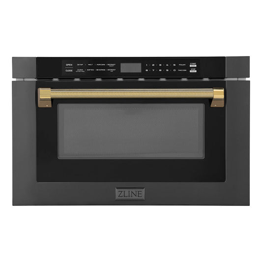 ZLINE Autograph 24" 1.2 cu. ft. Built-in Microwave Drawer in Black Stainless Steel and Polished Gold Helix Handle, MWDZ-1-BS-H-KG