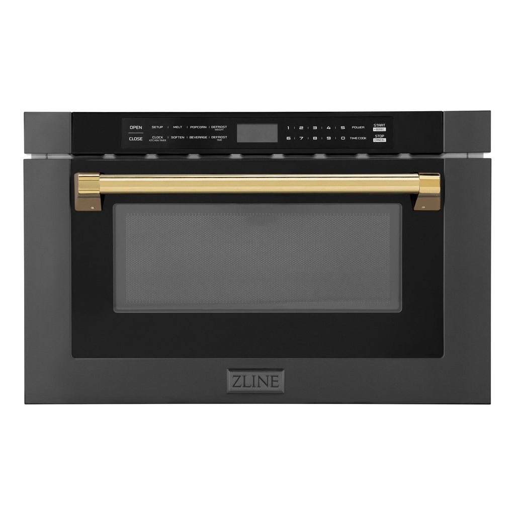 ZLINE Autograph Edition 24" 1.2 cu. ft. Built-in Microwave Drawer in Black Stainless Steel and Gold Accents, MWDZ-1-BS-H-G