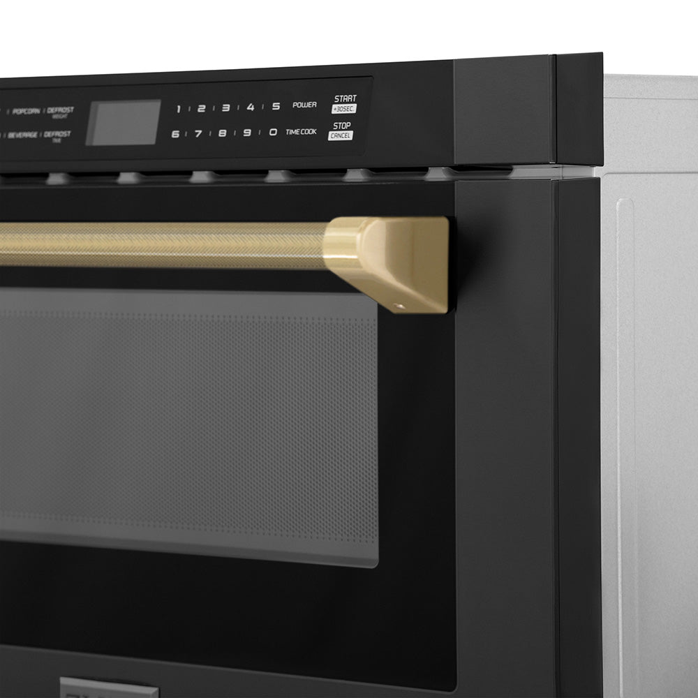 ZLINE Autograph 24" 1.2 cu. ft. Built-in Microwave Drawer in Black Stainless Steel and Champagne Bronze Helix Handle, MWDZ-1-BS-H-KCB
