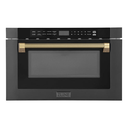 ZLINE Autograph 24" 1.2 cu. ft. Built-in Microwave Drawer in Black Stainless Steel and Champagne Bronze Helix Handle, MWDZ-1-BS-H-KCB