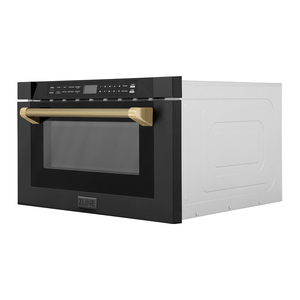 ZLINE Autograph 24" 1.2 cu. ft. Built-in Microwave Drawer in Black Stainless Steel and Champagne Bronze Helix Handle, MWDZ-1-BS-H-KCB