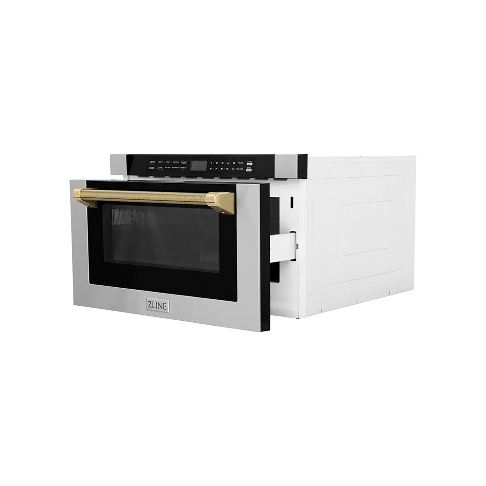 ZLINE Autograph 24" 1.2 cu. ft. Built-in Microwave Drawer in Stainless Steel and Polished Gold Helix Handle, MWDZ-1-H-KG