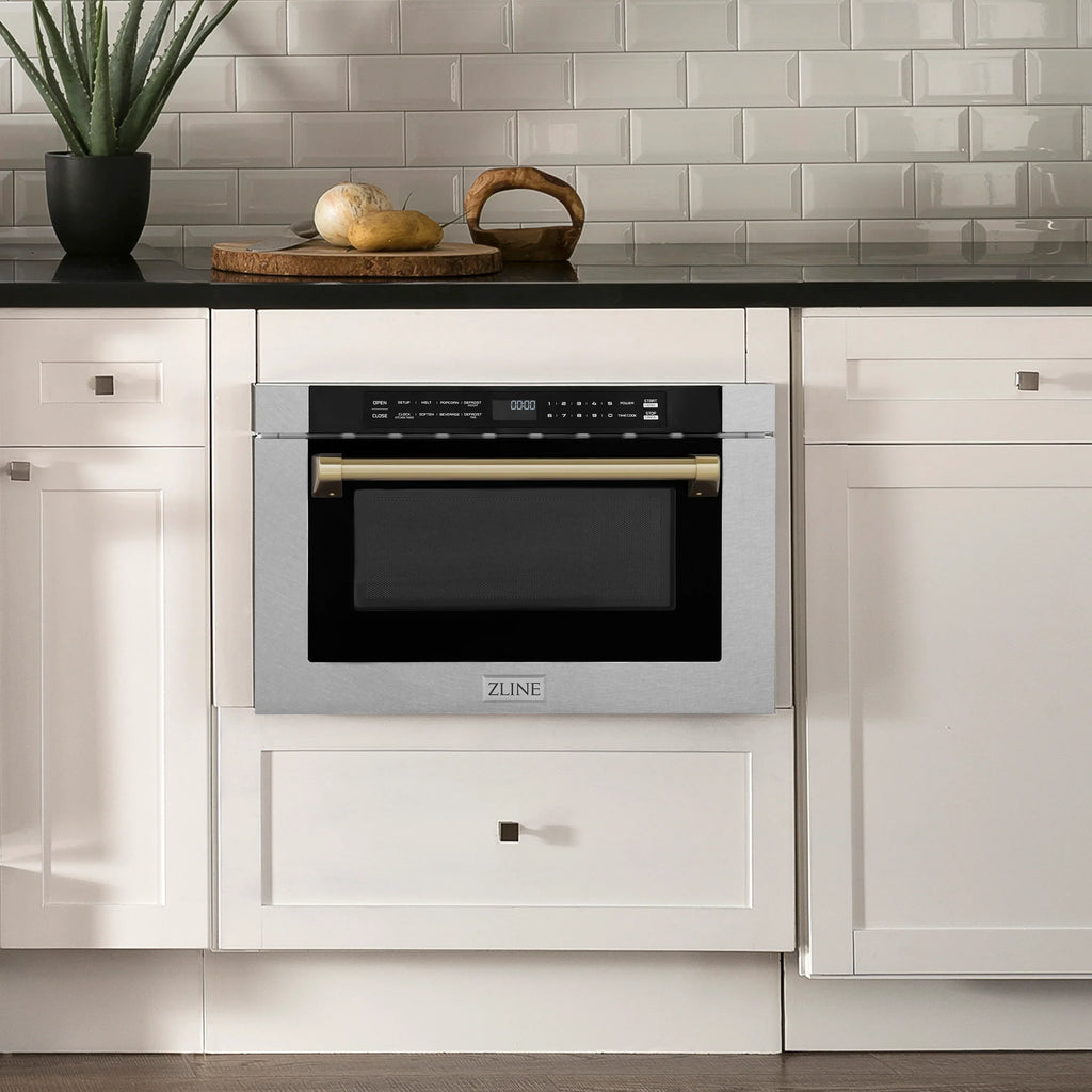 ZLINE Autograph 24" 1.2 cu. ft. Built-in Microwave Drawer with a Traditional Handle in Satin Stainless Steel and Champagne Bronze Accents, MWDZ-1-SS-H-CB