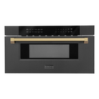 ZLINE Autograph Package - 48" Dual Fuel Range, Range Hood, Refrigerator with Water and Ice Dispenser, Microwave and Dishwasher in Black Stainless Steel with Bronze Accents