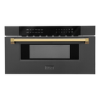ZLINE Autograph Package - 36" Dual Fuel Range, Range Hood, Refrigerator with Water and Ice Dispenser, Microwave and Dishwasher in Black Stainless Steel with Gold Accents