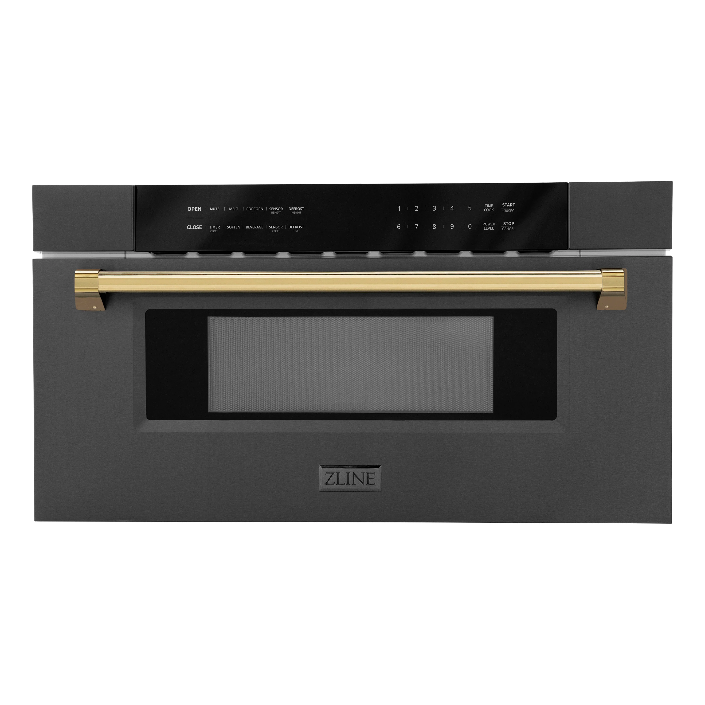 ZLINE Autograph Package - 36" Dual Fuel Range, Range Hood, Refrigerator with Water and Ice Dispenser, Microwave and Dishwasher in Black Stainless Steel with Gold Accents