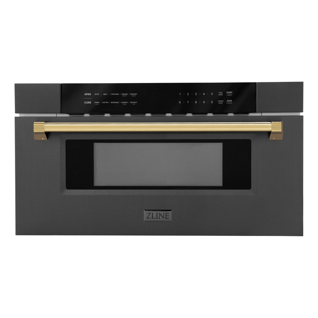 ZLINE Autograph Package - 48" Dual Fuel Range, Range Hood, Refrigerator, Microwave and Dishwasher in Black Stainless Steel with Gold Accents