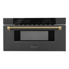 ZLINE Autograph 30" 1.2 cu. ft. Built-in Microwave Drawer in Black Stainless Steel and Champagne Bronze Helix Handle, MWDZ-30-BS-KCB