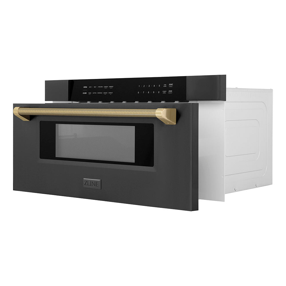 ZLINE Autograph 30" 1.2 cu. ft. Built-in Microwave Drawer in Black Stainless Steel and Champagne Bronze Helix Handle, MWDZ-30-BS-KCB