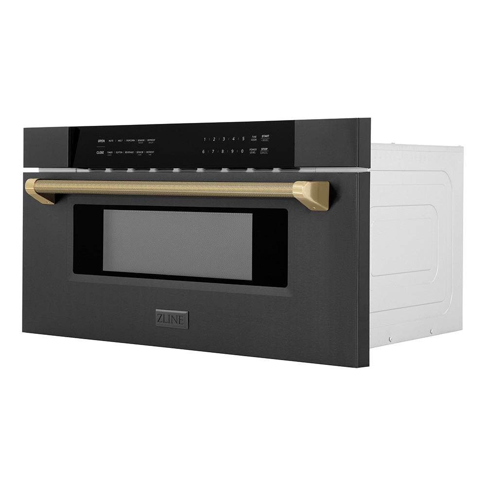 ZLINE Autograph 30" 1.2 cu. ft. Built-in Microwave Drawer in Black Stainless Steel and Champagne Bronze Helix Handle, MWDZ-30-BS-KCB