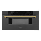 ZLINE Autograph 30" 1.2 cu. ft. Built-in Microwave Drawer in Black Stainless Steel and Polished Gold Helix Handle, MWDZ-30-BS-KG