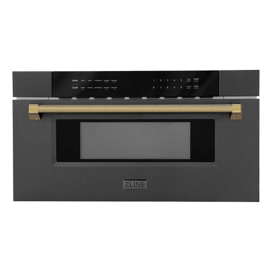 ZLINE Autograph 30" 1.2 cu. ft. Built-in Microwave Drawer in Black Stainless Steel and Polished Gold Helix Handle, MWDZ-30-BS-KG