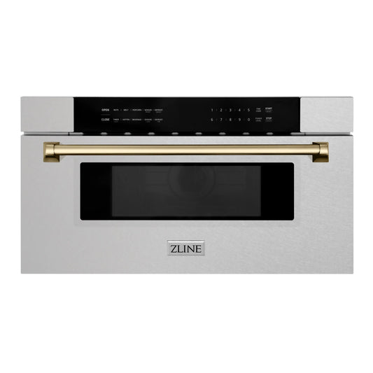 ZLINE Autograph 30" 1.2 cu. ft. Built-In Microwave Drawer in Satin Stainless Steel with Champagne Bronze Accents, MWDZ-30-SS-CB