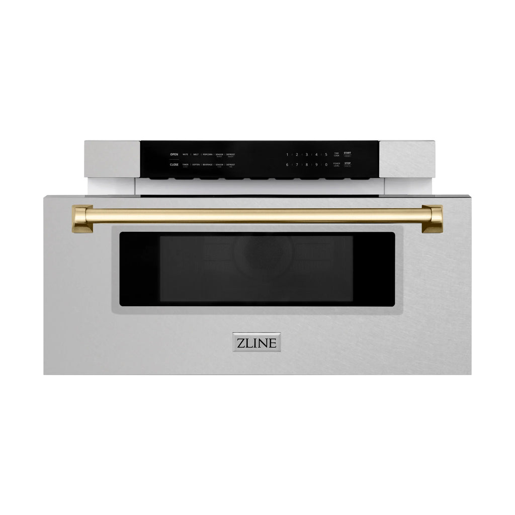 ZLINE Autograph 30" 1.2 cu. ft. Built-In Microwave Drawer in Satin Stainless Steel with Polished Gold Accents, MWDZ-30-SS-G