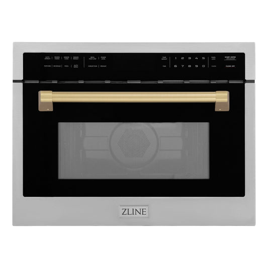ZLINE Autograph 24" 1.6 cu ft. Built-in Convection Microwave Oven in Satin Stainless Steel with Champagne Bronze Accents, MWOZ-24-SS-CB