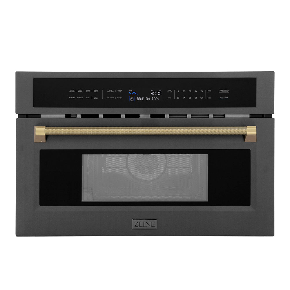 ZLINE Autograph 30" 1.6 cu ft. Built-in Convection Microwave Oven in Black Stainless Steel and Champagne Bronze Helix Handle, MWOZ-30-BS-KCB