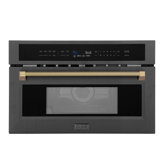 ZLINE Autograph 30" 1.6 cu ft. Built-in Convection Microwave Oven in Black Stainless Steel and Champagne Bronze Helix Handle, MWOZ-30-BS-KCB