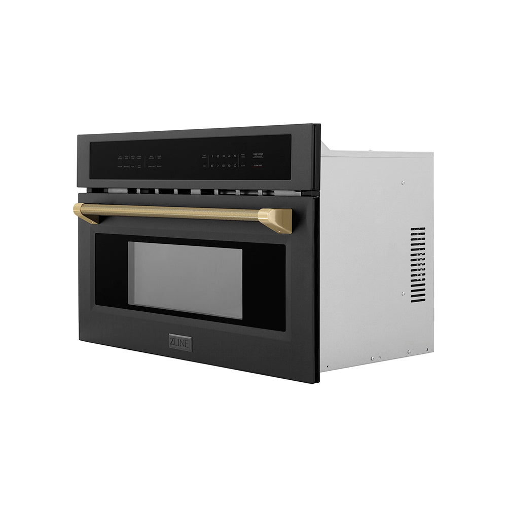 ZLINE Autograph 30" 1.6 cu ft. Built-in Convection Microwave Oven in Black Stainless Steel and Champagne Bronze Helix Handle, MWOZ-30-BS-KCB