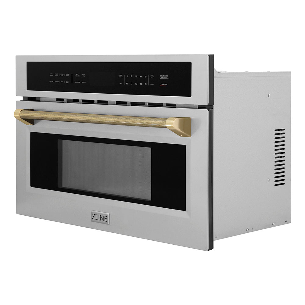 ZLINE Autograph 30" 1.6 cu ft. Built-in Convection Microwave Oven in Stainless Steel and Champagne Bronze Helix Handle, MWOZ-30-KCB