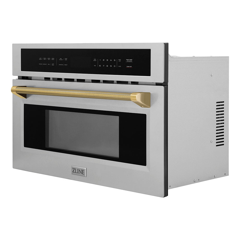 ZLINE Autograph 30" 1.6 cu ft. Built-in Convection Microwave Oven in Stainless Steel and Polished Gold Helix Handle, MWOZ-30-KG