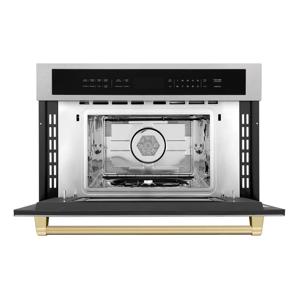 ZLINE Autograph 30" 1.6 cu ft. Built-in Convection Microwave Oven in Satin Stainless Steel and Champagne Bronze Accents, MWOZ-30-SS-CB