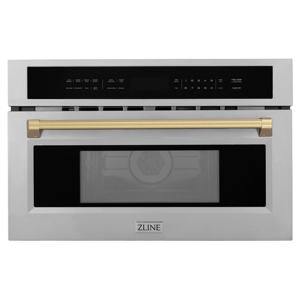 ZLINE Autograph 30" 1.6 cu ft. Built-in Convection Microwave Oven in Satin Stainless Steel and Champagne Bronze Accents, MWOZ-30-SS-CB